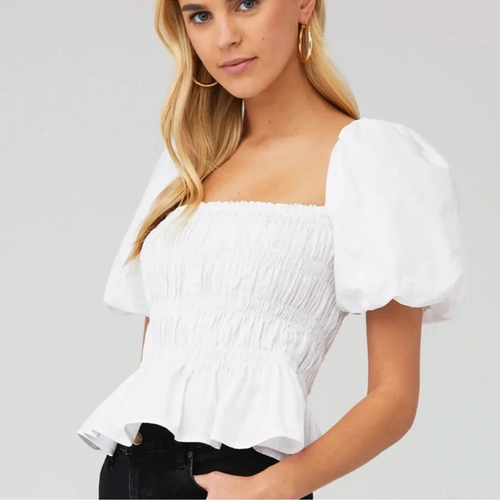 ASTR The Label Savina White Cotton Smocked Puff Sleeve Peplum Crop Top Medium
